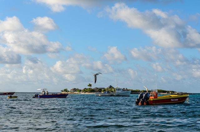 White and red boat on sea under blue sky, next to an island