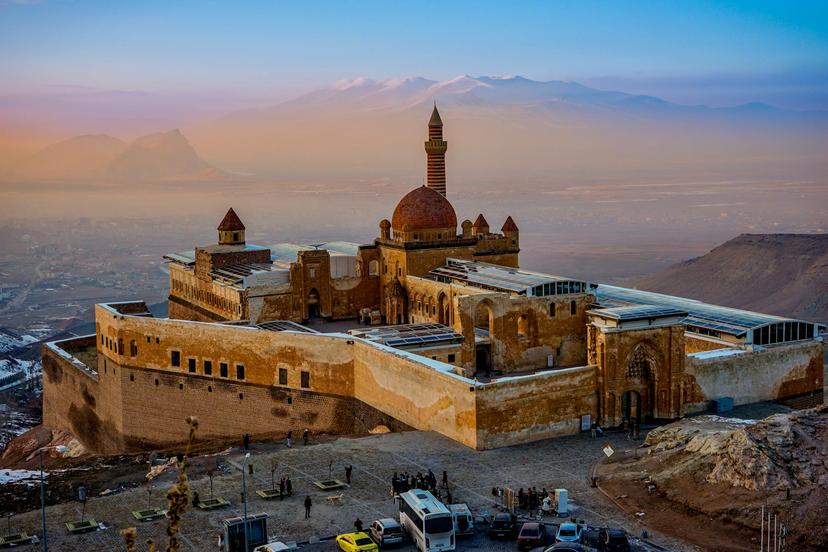 Ishak Pasha Palace in front of large valley with mountains, in Armenia