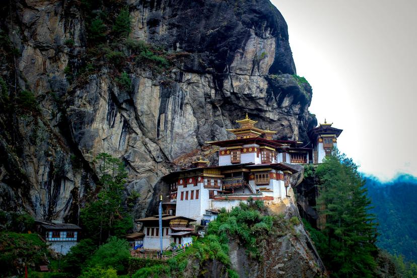 Paro Taktsang in Bhutan, building on side of tall mountainside