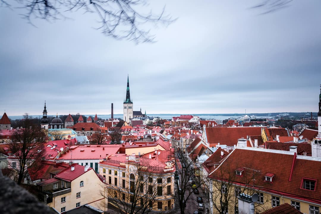 Red roofed buildings with a pointed spire. 