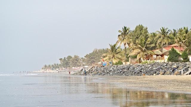 A foggy beach in Gambia with palm trees in the background