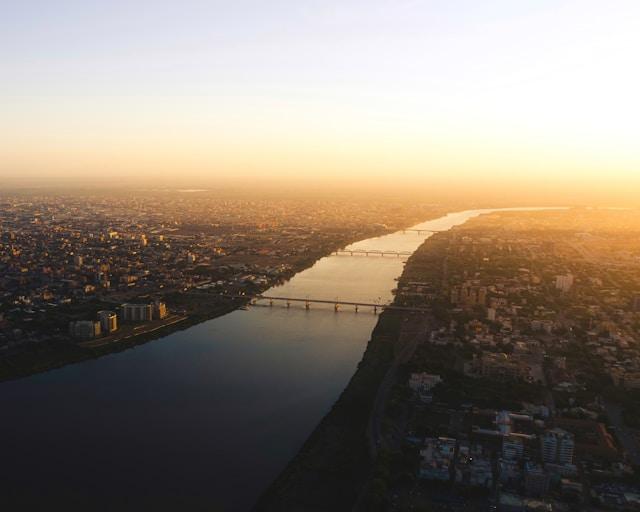 Aerial view of the Nile in Sudan. The Nile is a major north-flowing river in northeastern Africa, and is the longest river in Africa and the disputed longest river in the world .