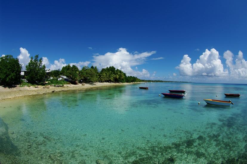 Beach front with several boats on the water