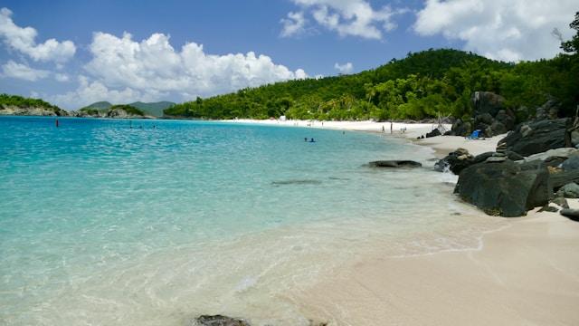 White sand beach with people swimming in the water