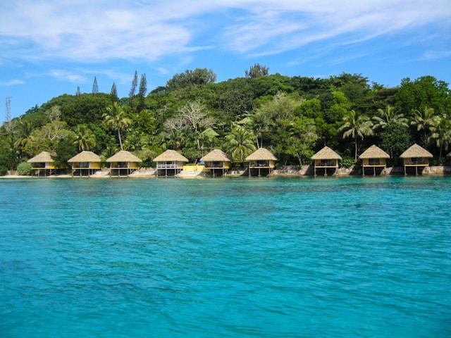 Straw-roofed beach huts in front of a blue body of water